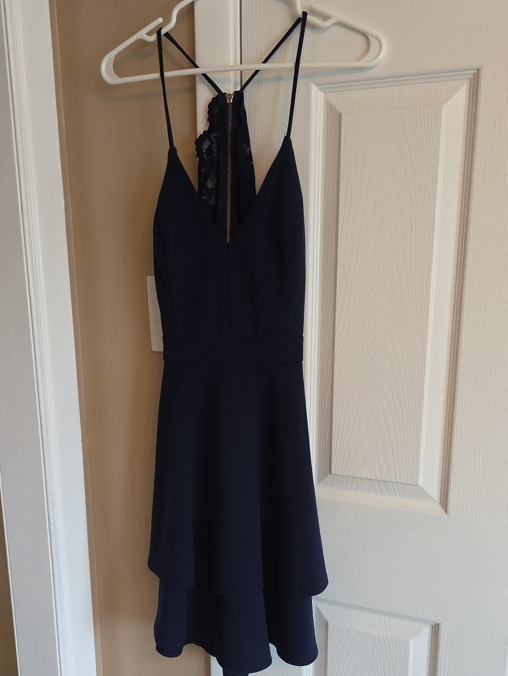 B Darlin Navy High-Low Lace-Back Spaghetti Strap Dress Size 11/12